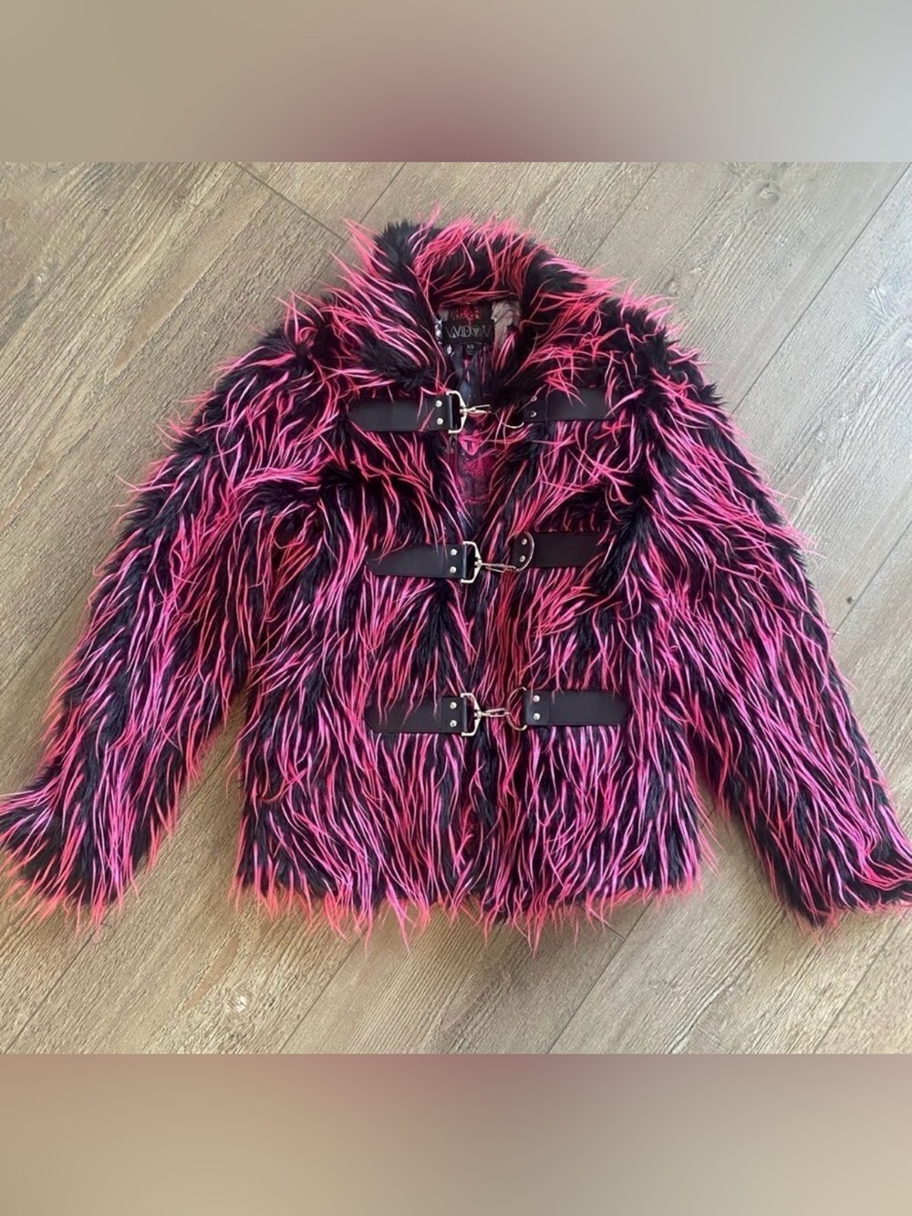 Dolls Kill Widow Run from Suburbia Black & Hot Pink Faux Fur  Jacket XS
